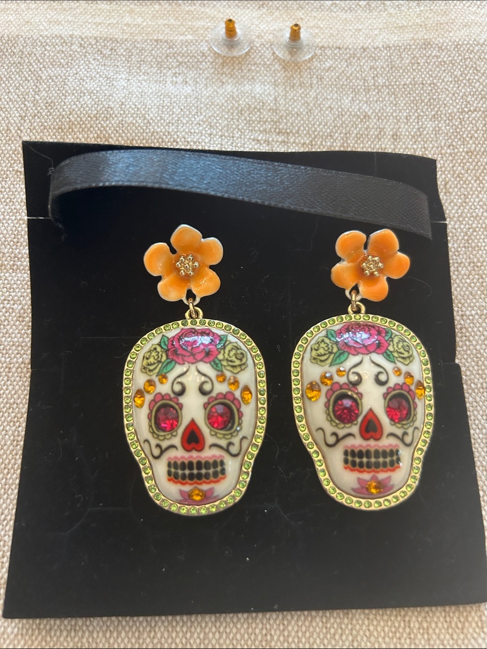 Betsey Johnson Orange Flower Sugar Skull Dangle Earrings - Picture 2 of 5